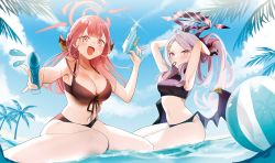 Rule 34 | 2girls, absurdres, armpits, arms up, aru (blue archive), ball, beachball, bikini, black bikini, blue archive, blue sky, breasts, cleavage, eyes visible through hair, hairband, halo, highres, hina (blue archive), horns, in water, kuma daigorou, large breasts, long hair, looking at viewer, low wings, mouth hold, multiple girls, navel, open mouth, outdoors, palm leaf, palm tree, pink eyes, pink hair, purple eyes, shallow water, silver hair, sitting, sky, stomach, swimsuit, tree, v-shaped eyebrows, wariza, water, water gun, wings