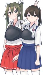 Rule 34 | 2girls, absurdres, black hair, blue hakama, brown eyes, bunny ears prank, commentary request, cowboy shot, dark green hair, expressionless, hair ribbon, hakama, hakama short skirt, hakama skirt, height difference, highres, japanese clothes, kaga (kancolle), kantai collection, long hair, looking at viewer, ma rukan, multiple girls, muneate, red hakama, ribbon, side ponytail, simple background, skirt, thighhighs, twintails, white background, white legwear, white ribbon, zuikaku (kancolle)