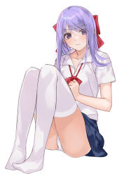 Rule 34 | 1girl, blush, bow, bowtie, breasts, cleavage, collarbone, collared shirt, full body, hair bow, hands on own chest, highres, looking at viewer, medium breasts, mexif, no shoes, panties, pantyshot, pleated skirt, purple eyes, purple hair, saki, school uniform, shirt, simple background, sitting, skirt, socks, solo, suehara kyouko, thighhighs, thighs, underwear, white background, white panties, white socks
