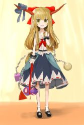 Rule 34 | 1girl, alternate hair color, black footwear, blonde hair, bobby socks, bow, chain, fang, full body, gourd, green eyes, hair bow, hand up, horn ornament, horn ribbon, horns, ibuki suika, legs apart, long hair, low-tied long hair, luv, mary janes, oni, oni horns, open mouth, pointy ears, purple ribbon, red bow, ribbon, ribbon-trimmed skirt, ribbon trim, shirt, shoes, skirt, sleeveless, sleeveless shirt, smile, socks, solo, standing, touhou, white shirt, white socks
