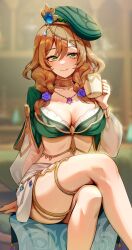 Rule 34 | 1girl, absurdres, adapted costume, beret, blush, book, breasts, brown hair, cleavage, coffee mug, crossed legs, cup, feet out of frame, flower, foxyreine, genshin impact, green eyes, green hat, hair flower, hair ornament, hat, highres, index finger raised, jewelry, large breasts, legs, lisa (a sobriquet under shade) (genshin impact), lisa (genshin impact), long sleeves, looking at viewer, medium hair, midriff, mug, neck ring, necklace, official alternate costume, parted lips, sitting, smile, solo, thighlet, thighs, vision (genshin impact)