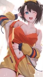 Rule 34 | 1girl, absurdres, arm up, bare shoulders, black hair, blue eyes, blurry, blurry background, breasts, camisole, cleavage, commentary request, crop top, highres, hololive, jacket, large breasts, long sleeves, looking at viewer, mikaku, navel, official alternate costume, one eye closed, oozora subaru, oozora subaru (loungewear), open mouth, orange camisole, partially unbuttoned, puffy long sleeves, puffy sleeves, short hair, smile, solo, two side up, upper body, very short hair, virtual youtuber, yellow jacket
