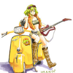 Rule 34 | 1girl, [ch]^2, absurdres, bandaid, bandaid on cheek, bandaid on face, bicycle helmet, boots, brown footwear, closed mouth, dated, goggles, goggles on head, green eyes, green hair, guitar, gumi, gumi (v3 megpoid), helmet, highres, holding, holding helmet, holding instrument, instrument, jacket, midriff, motor vehicle, navel, orange jacket, scooter, shorts, simple background, solo, strapless, tube top, vespa, vocaloid, white background