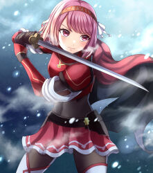 Rule 34 | 1girl, armor, braid, cape, closed mouth, covered navel, fire emblem, fire emblem engage, gloves, hair ribbon, hairband, highres, holding, holding sword, holding weapon, lapis (fire emblem), long sleeves, looking to the side, nintendo, pink eyes, pink hair, red cape, red hairband, ribbon, serious, short hair, side braid, skin tight, skirt, snowing, solo, swept bangs, sword, two-tone hairband, weapon, white ribbon, yozu (yozu0420)