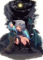 Rule 34 | 1girl, animal ears, cat, cat ears, cat teaser, commentary request, crop top, demon tail, demon wings, fang, fu-ta, gradient background, grey hair, jacket, kneehighs, legwear garter, low twintails, messy hair, moon, open clothes, open jacket, open mouth, original, short hair, shorts, socks, solo, squatting, suspenders, suspenders slip, tail, twintails, wings