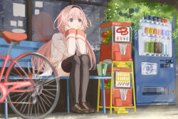 Rule 34 | 1girl, bench, bicycle, black hairband, black thighhighs, blue eyes, brown footwear, can, cup ramen, drink can, gashapon, hair flaps, hairband, hands on own chin, highres, jacket, legs together, loafers, long hair, mouth hold, nijisanji, p9 nai, pink hair, plant, reflection, shoes, sitting, soda can, solo focus, suo sango, thighhighs, vending machine, very long hair, virtual youtuber, white jacket, window