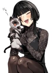 Rule 34 | 1girl, absurdres, animal, ariadani oriko, black dress, black hair, black pantyhose, blunt bangs, blush, cat, closed eyes, dress, gloved sleeves, gloves, high collar, highres, holding, holding animal, holding cat, koiso usu, lace, lace gloves, lace shirt, lace sleeves, long hair, mole, mole under mouth, nyan, open mouth, original, pantyhose, short hair with long locks, simple background, smile, solo, squatting, white background
