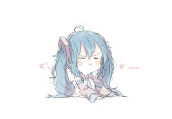 Rule 34 | 1girl, :i, absurdres, ahoge, aqua necktie, blue hair, blush stickers, chibi, closed eyes, closed mouth, collared shirt, commentary request, detached sleeves, grey sleeves, hair between eyes, hair ornament, hatsune miku, highres, long hair, long sleeves, necktie, pout, shirt, simple background, solo, translation request, twintails, vocaloid, white background, white shirt, xxxx saki