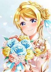 Rule 34 | 1girl, absurdres, alternate hairstyle, aqua flower, artist name, artist request, ayase eli, bare shoulders, blonde hair, blue eyes, blush, bouquet, braid, breasts, cleavage, close-up, collarbone, criss-cross halter, cross-laced clothes, cross-laced dress, dress, earrings, female focus, flower, flower dress, flower print, frilled dress, frills, hair between eyes, hair bun, hair flower, hair ornament, halterneck, highres, holding, holding bouquet, jewelry, long hair, looking at viewer, love live!, love live! school idol festival all stars, love live! school idol project, parted lips, pink flower, plaid, plaid dress, pleated, pleated dress, puffy short sleeves, puffy sleeves, see-through, see-through sleeves, short hair, short sleeves, side braid, side bun, single hair bun, sleeveless, sleeveless dress, smile, solo, upper body, white dress, white flower, yellow flower