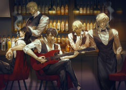 Rule 34 | 5boys, akai shuuichi, alcohol, amuro tooru, apron, arm rest, bar (place), bartender, beanie, black apron, black bow, black footwear, black hair, black headwear, black neckwear, black pants, black ribbon, black vest, blonde hair, bottle, bow, bowtie, brown hair, ceiling light, chair, character request, cigarette, closed eyes, collared shirt, counter, covered mouth, crossed arms, crossed legs, cup, dress shirt, drinking glass, electric guitar, facial hair, facing viewer, formal, gin (meitantei conan), grin, guitar, hair over eyes, hair over one eye, hangleing, hat, head rest, holding, holding cup, holding instrument, indoors, instrument, leaning back, leaning forward, leaning on object, long hair, looking at viewer, looking down, male focus, meitantei conan, mug, multiple boys, music, one eye covered, pants, playing instrument, popped collar, profile, ribbon, saucer, scotch (meitantei conan), shelf, shirt, shoes, sitting, sleeves rolled up, smile, smoking, socks, standing, stubble, suit, swept bangs, very long hair, vest, whiskey, white shirt, wine, wine bottle, wing collar, wrinkled skin