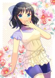 Rule 34 | 1girl, black hair, blue shorts, blush, bow, breasts, camisole, closed mouth, commentary request, commission, diagonal stripes, floral background, frilled shorts, frills, green eyes, hair bow, hand to own mouth, hand up, kohinata miku, kou hiyoyo, looking at viewer, medium breasts, multicolored hair, purple hair, purple shirt, senki zesshou symphogear, shirt, short shorts, short sleeves, shorts, skeb commission, smile, solo, striped, striped background, two-tone hair, white bow, white camisole