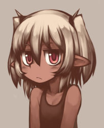 Rule 34 | 1girl, blush, dark-skinned female, dark elf, dark skin, elf, flat chest, grey background, kakkou (su), looking at viewer, nipples, nude, one-piece swimsuit, pointy ears, short twintails, simple background, solo, swimsuit, twintails, white hair