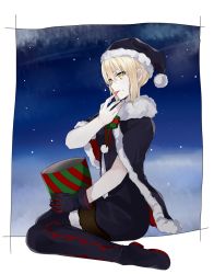 Rule 34 | 1girl, artoria pendragon (all), artoria pendragon (fate), bad id, bad pixiv id, black footwear, black gloves, black pantyhose, blonde hair, boots, cape, fate/grand order, fate/stay night, fate (series), gloves, hat, highres, kurogiri, looking at viewer, pantyhose, saber (fate), saber alter, santa alter, santa hat, sitting, solo, thigh boots, thighhighs, tongue, tongue out, wariza, yellow eyes