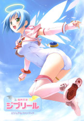 Rule 34 | 1girl, :d, angel, angel wings, arched back, armor, ass, blue hair, blue sky, blush, boots, bracer, brooch, clenched hand, cloud, copyright name, covered navel, crop top, cross, day, djibril (makai tenshi djibril), elbow gloves, fingerless gloves, flapper shirt, flying, from side, gem, gloves, glowing, glowing wings, green eyes, halo, highres, jewelry, kuuchuu yousai, leaning forward, leg lift, light rays, looking at viewer, looking back, magical girl, makai tenshi djibril, manabe rika, necktie, official art, one-piece swimsuit, open mouth, outdoors, outstretched arms, pink footwear, pink gloves, pink thighhighs, puffy short sleeves, puffy sleeves, red cross, scan, school swimsuit, school uniform, serafuku, shin guards, shirt, short hair, short sleeves, sky, smile, solo, spread arms, sunbeam, sunlight, swimsuit, swimsuit costume, swimsuit under clothes, thigh boots, thighhighs, thighlet, white one-piece swimsuit, white school swimsuit, wings