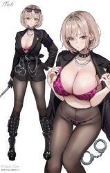 Rule 34 | 1girl, absurdres, animal print, baton (weapon), belt, black choker, black jacket, boots, borrowed character, bra, breasts, brown hair, brown pantyhose, choker, cleavage, closed mouth, covered navel, cuffs, expandable baton, eyewear on head, frown, full body, handcuffs, highres, holding, jacket, jacket on shoulders, jewelry, knee boots, large breasts, leopard print, long sleeves, looking at viewer, mell (dmwe3537), mole, mole under eye, multiple belts, multiple views, necklace, orange eyes, original, panties, pantyhose, pink bra, pink panties, poorly dressed policewoman (chela77), pulled by self, short hair, simple background, sitting, standing, strap pull, string bra, string panties, studded choker, sunglasses, thighs, underwear, weapon, white background, wing collar
