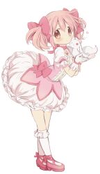Rule 34 | 1girl, absurdres, artist request, bow, highres, kaname madoka, kyubey, mahou shoujo madoka magica, pink bow, pink eyes, pink hair, puffy dress, simple background, white background