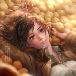 Rule 34 | 1girl, absurdres, blurry, blurry foreground, brown eyes, brown hair, brown jacket, buckle, closed mouth, collared jacket, collared shirt, dress shirt, food, freckles, highres, holding, holding food, jacket, kotikomori, long hair, long sleeves, looking at viewer, open clothes, open jacket, ponytail, potato, sasha blouse, shingeki no kyojin, shirt, smile, solo, upper body, white shirt, wing collar