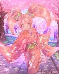 Rule 34 | 1girl, :d, artist name, blonde hair, blush, bow, c01a (cola), cat hair ornament, cherry blossoms, commentary, danganronpa (series), danganronpa 2: goodbye despair, english commentary, green bow, hair bow, hair ornament, highres, japanese clothes, kimono, long hair, long sleeves, looking at viewer, obi, one eye closed, open mouth, petals, saionji hiyoko, sandals, sash, smile, solo, teeth, tree, twintails, upper teeth only, wide sleeves