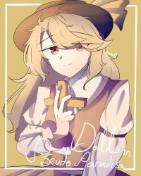Rule 34 | 1girl, blonde hair, bow, brown skirt, brown vest, collared shirt, cross, dolls in pseudo paradise, fedora, hat, hat bow, highres, holding, holding cross, jacket girl (dipp), juliet sleeves, long hair, long sleeves, looking at viewer, puffy sleeves, red eyes, ribonsaw8603, shirt, skirt, smile, touhou, vest, white shirt