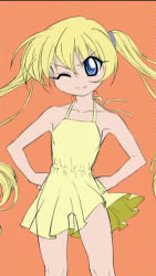 Rule 34 | 00s, 1girl, alternate hairstyle, bare shoulders, blonde hair, blue eyes, child, dress, flat chest, hands on own hips, long hair, official art, one eye closed, pani poni dash!, rebecca miyamoto, smile, solo, twintails, very long hair, wink