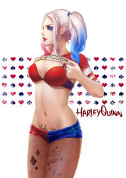Rule 34 | 1girl, batman (series), blue eyes, blue hair, body writing, bra, breasts, character name, clothes writing, cowboy shot, dc comics, gradient hair, groin, hair ornament, hair tie, harley quinn, heart, highres, kezi, lingerie, lipstick, long hair, makeup, mascara, matching hair/eyes, medium breasts, midriff, multicolored hair, navel, pantyhose, parted lips, pink hair, red bra, red lips, shirt, short shorts, short sleeves, shorts, solo, suicide squad, t-shirt, twintails, underwear, white hair