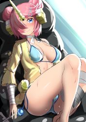 Rule 34 | 1girl, bandaged arm, bandaged leg, bandages, bikini, blue bikini, blue eyes, blush, breasts, cardigan, closed mouth, double bun, fang, fate/grand order, fate (series), frankenstein&#039;s monster (fate), frankenstein&#039;s monster (swimsuit saber) (fate), frankenstein&#039;s monster (swimsuit saber) (first ascension) (fate), hair bun, hair ornament, hair over one eye, highres, hitotsuki nebura, horns, knees up, large breasts, looking at viewer, open cardigan, open clothes, pink hair, short hair, side-tie bikini bottom, single horn, sitting, solo, swimsuit, thighs, tsurime, unfinished, wet
