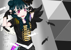 Rule 34 | 1girl, artist name, artist request, asymmetrical wings, band uniform, belt, black feathers, black gloves, black hat, black nail polish, black nails, black shirt, black skirt, black wings, blue hair, blush, breasts, collarbone, collared shirt, double bun, epaulettes, feathers, female focus, fingerless gloves, frilled sleeves, frills, gloves, hair bun, hair over shoulder, hat, highres, in the unstabe world, in the unstabe world (love live!), long hair, looking at viewer, love live!, love live! school idol festival, love live! sunshine!!, mini hat, miniskirt, mismatched wings, nail, nail polish, parted lips, pink eyes, plaid, plaid skirt, pleated, pleated skirt, purple eyes, purple skirt, shirt, short sleeves, shoulder pads, side bun, skirt, small breasts, smile, solo, tsushima yoshiko, v, v over eye, white belt, white feathers, white wings, wings