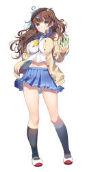 Rule 34 | 1girl, ahoge, asahina hikage, black socks, blue sailor collar, blue skirt, blush, breasts, brown cardigan, brown hair, buttons, cardigan, closed mouth, crop top, crop top overhang, full body, gluteal fold, grey eyes, hand up, highres, holding, kneehighs, large breasts, long hair, long sleeves, looking at viewer, mary janes, midriff, miniskirt, navel, open cardigan, open clothes, original, pleated skirt, ribbon, sailor collar, school uniform, serafuku, shirt, shoes, sidelocks, simple background, skirt, smile, socks, solo, standing, stomach, test tube, thighs, two side up, wavy hair, white background, white footwear, white shirt, yellow ribbon