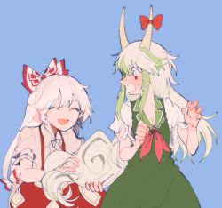 Rule 34 | 2girls, blue background, blush, bow, commentary request, dress, embarrassed, ex-keine, closed eyes, fujiwara no mokou, green dress, green hair, hair bow, hands up, holding tail, horn bow, horns, itomugi-kun, kamishirasawa keine, long hair, multiple girls, open mouth, pants, red bow, red eyes, red neckwear, red pants, shirt, short sleeves, smile, sweatdrop, tail, torn clothes, torn sleeves, touhou, white bow, white hair, white shirt