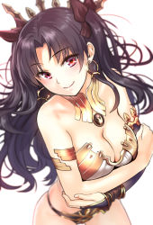 Rule 34 | 1girl, armlet, bare arms, bare shoulders, bikini, black bikini, black hair, black ribbon, blurry, blush, breast hold, breasts, bridal gauntlets, cleavage, cowboy shot, crossed arms, depth of field, earrings, fate/grand order, fate (series), foreshortening, hair ribbon, head tilt, highres, hoop earrings, ishtar (fate), jewelry, leaning forward, long hair, looking at viewer, medium breasts, mismatched bikini, nail polish, neck ring, parted bangs, pink nails, purple eyes, ribbon, simple background, single bridal gauntlet, smile, solo, standing, swimsuit, tohsaka rin, two side up, white background, white bikini, yewang19