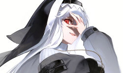 Rule 34 | 1girl, :d, arknights, hand over eye, hand up, hoojiro, jewelry, long hair, long sleeves, looking at viewer, necklace, nun, one eye covered, open mouth, red eyes, simple background, smile, solo, specter (arknights), upper body, veil, white background, white hair