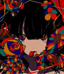 Rule 34 | 1girl, black hair, colorful, commentary, dot nose, flower, highres, long bangs, long hair, looking at viewer, machigami yoh, mouth hold, multicolored eyes, multicolored flower, multicolored rose, original, petal in mouth, petals, portrait, rose, solo, sunflower