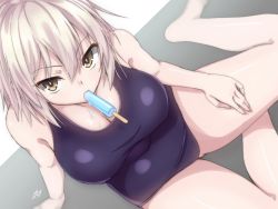 Rule 34 | 1girl, arm support, bad id, bad pixiv id, blonde hair, blue one-piece swimsuit, breasts, cleavage, commentary request, dripping, fate/apocrypha, fate (series), food, food in mouth, food on body, from above, hair between eyes, hand on own leg, highres, jeanne d&#039;arc (fate), jeanne d&#039;arc alter (avenger) (fate), jeanne d&#039;arc alter (fate), large breasts, looking at viewer, looking up, mouth hold, one-piece swimsuit, popsicle, ramchi, school swimsuit, short hair, sitting, solo, swimsuit, thighs, yellow eyes