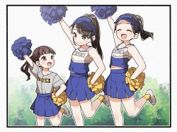 Rule 34 | 3girls, :d, ^ ^, bare arms, bare shoulders, black hair, blue headwear, blue shirt, blue skirt, blush, brown eyes, brown hair, cheerleader, closed eyes, closed mouth, commentary request, closed eyes, feet out of frame, grey shirt, hand on own hip, highres, holding, long hair, multiple girls, open mouth, original, pleated skirt, pom pom (cheerleading), ponytail, shirt, shoes, short sleeves, skirt, smile, socks, standing, standing on one leg, visor cap, white footwear, yellow socks, yukie (kusaka shi)
