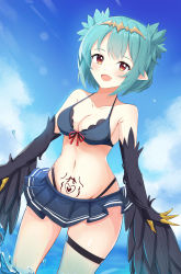 Rule 34 | 1girl, absurdres, bare shoulders, bikini, black feathers, black wings, blush, breasts, claws, commentary, feathers, green hair, harpy, highleg, highleg panties, highres, hzhc, indie virtual youtuber, lincoro, miniskirt, monster girl, navel, open mouth, panties, pointy ears, red eyes, short hair, short twintails, skirt, small breasts, solo, stomach tattoo, swimsuit, tattoo, thigh strap, tiara, twintails, underwear, virtual youtuber, water, winged arms, wings