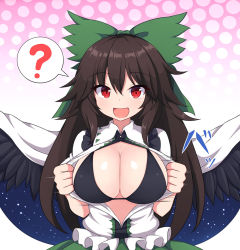 Rule 34 | 1girl, :d, ?, bare arms, bikini, bikini top only, bikini under clothes, bird wings, black wings, blouse, bow, breasts, brown hair, cape, cleavage, flashing, frills, green bow, green skirt, hair between eyes, hair bow, hands up, large breasts, long hair, looking at viewer, motion lines, open clothes, open mouth, parted bangs, puffy short sleeves, puffy sleeves, radiation symbol, red eyes, reiuji utsuho, rizento, shiny skin, shirt, short sleeves, skirt, smile, solo, spoken question mark, starry sky print, stomach, swimsuit, touhou, white cape, white shirt, wings
