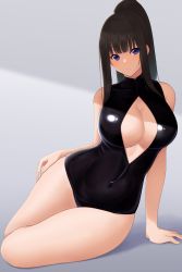 Rule 34 | 1girl, bare hips, bare shoulders, black hair, black one-piece swimsuit, blue eyes, breasts, cleavage, cleavage cutout, clothing cutout, halterneck, hand on own hip, hand rest, highres, kirou (kiruyuu1210), large breasts, legs together, looking at viewer, lying, on side, one-piece swimsuit, original, ponytail, shiny clothes, shiny skin, simple background, sitting, skin tight, skindentation, swimsuit, thick thighs, thighs