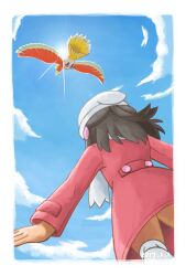 Rule 34 | 1girl, beanie, bird, black hair, border, buttons, cloud, coat, commentary request, creatures (company), dated, dawn (pokemon), day, from below, game freak, gen 2 pokemon, hair ornament, hairclip, hat, highres, ho-oh, legendary pokemon, long hair, long sleeves, nengajou, new year, nintendo, outdoors, over-kneehighs, pink coat, pokemon, pokemon (creature), pokemon dppt, pokemon platinum, sawa (soranosawa), scarf, sky, thighhighs, white border, white headwear, white scarf