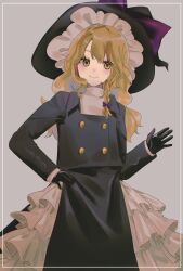 Rule 34 | 1girl, black gloves, black hat, black jacket, blonde hair, buttons, closed mouth, commentary request, cow, flat chest, frilled hat, frills, gloves, grey background, happy, hat, highres, jacket, kirisame marisa, long hair, mendako (mendaco e), shirt, skirt, smile, solo, touhou, turtleneck, upper body, white shirt, white skirt, witch, witch hat, yellow eyes