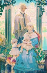 Rule 34 | 2boys, 2girls, :o, aged down, ahoge, alisaie leveilleur, alphinaud leveilleur, ameliance leveilleur, blue dress, blue eyes, blue sky, braid, braided ponytail, brother and sister, building, capelet, cloud, collared capelet, column, day, dress, elezen, elf, family, final fantasy, final fantasy xiv, flower, fourchenault leveilleur, hair ribbon, high collar, leaf, looking at viewer, low ponytail, medium hair, multiple boys, multiple girls, on chair, open mouth, pillar, plant, pointy ears, puffy short sleeves, puffy sleeves, reaching, reflective floor, ribbon, robe, short ponytail, short sleeves, siblings, single braid, sitting, sitting on lap, sitting on person, sky, smile, standing, stool, swept bangs, toddler, twins, white capelet, white dress, white flower, white footwear, white hair, yellow eyes, zxin