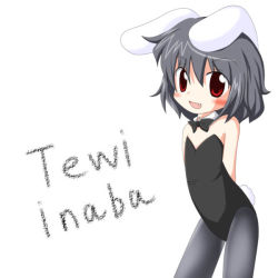 Rule 34 | 1girl, animal ears, black hair, character name, fang, female focus, flat chest, inaba tewi, leotard, pantyhose, playboy bunny, r pascal, rabbit ears, rabbit girl, red eyes, simple background, solo, standing, touhou, white background