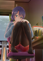 Rule 34 | 10s, 1girl, air conditioner, bad id, bad pixiv id, bare tree, black pantyhose, blue eyes, blurry, blush, bookshelf, chair, curtains, depth of field, desk, desk lamp, feet, feet on chair, from below, hair ornament, hairclip, head tilt, heater, highres, indoors, knees together feet apart, knees up, lamp, long hair, long sleeves, love live!, love live! school idol festival, love live! school idol project, low twintails, no shoes, office chair, oonaka ito, original, pantyhose, pantyhose under shorts, purple hair, shorts, solo, speaker, sweater, swivel chair, toes, tojo nozomi, tree, twintails, window, winter