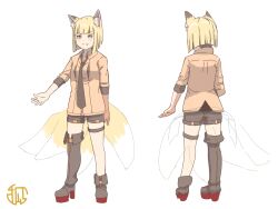 Rule 34 | &gt;:), 1girl, animal ear fluff, animal ears, asymmetrical footwear, black footwear, black necktie, black shorts, blonde hair, blue eyes, boots, breasts, brown shirt, closed mouth, collared shirt, dress shirt, fang, fang out, fox ears, fox girl, fox tail, highres, kitsune, kuro kosyou, long sleeves, multiple views, necktie, original, shirt, shorts, simple background, single thigh boot, small breasts, smile, standing, tail, thigh boots, v-shaped eyebrows, white background, x-ray