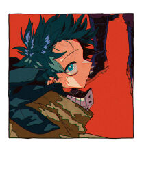 2boys aqua_hair bakugou_katsuki blue_eyes blue_mask boku_no_hero_academia boots border bright_pupils cape chromatic_aberration closed_mouth colored_shoe_soles combat_boots expressionless film_grain floating_hair floating_mask freckles from_side highres ligne_claire looking_at_viewer looking_to_the_side male_focus mask mask_around_neck midoriya_izuku mouth_mask multiple_boys official_alternate_costume out_of_frame portrait profile red_background short_hair sideways_glance souko_(floyd) spoilers tareme unworn_mask upturned_eyes white_border white_pupils wind yellow_cape