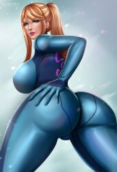 Rule 34 | 1girl, abstract background, ass, back, blonde hair, blue bodysuit, blue eyes, blue suit, bodysuit, breasts, cleavage, curvy, female focus, flowerxl, formal, from behind, highres, huge ass, large breasts, looking at viewer, looking back, metroid, nails visible through gloves, nintendo, ponytail, red lips, samus aran, solo, suit, thighhighs, zero suit