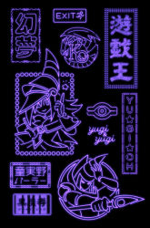 Rule 34 | black background, blue-eyes white dragon, character name, circle, commentary request, copyright name, dark magician, dark magician girl, exit sign, koma yoichi, millennium eye, neon lights, no humans, simple background, star (symbol), translation request, yu-gi-oh!