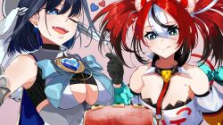 Rule 34 | 2girls, :p, absurdres, animal ears, aqua eyes, armpits, black hair, blue eyes, blush, breasts, cake, cleavage cutout, clothing cutout, collar, detached sleeves, earrings, food, fork, gloves, hakos baelz, hakos baelz (1st costume), highres, hololive, hololive english, jewelry, large breasts, looking down, medium breasts, moyomo, multiple girls, one eye closed, open mouth, ouro kronii, ouro kronii (1st costume), pink background, red hair, short hair, smile, spiked collar, spikes, strap, tail, teeth, tongue, tongue out, twintails, underboob, upper teeth only, virtual youtuber