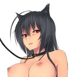 Rule 34 | 10s, 1girl, :q, ahoge, animal ears, bdsm, black hair, blush, breasts, cat ears, cat girl, chuunibyou demo koi ga shitai!, collar, female focus, highres, large breasts, larloses, leash, licking lips, lips, long hair, looking at viewer, nipples, red eyes, simple background, slave, solo, takanashi touka, tongue, tongue out, upper body, white background