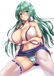 Rule 34 | 1girl, aqua panties, arm under breasts, bare shoulders, blue eyes, blue skirt, blush, breasts, cameltoe, collarbone, commentary request, covered erect nipples, detached sleeves, ebi 193, feet out of frame, frog hair ornament, gluteal fold, green hair, hair between eyes, hair ornament, hair tubes, hand on own chest, hand up, huge breasts, kochiya sanae, long hair, long sleeves, looking at viewer, miniskirt, navel, open clothes, open shirt, panties, parted lips, revision, shiny skin, shirt, simple background, single sidelock, sitting, skindentation, skirt, solo, stomach, striped clothes, striped panties, thighhighs, thighs, touhou, underwear, white background, white panties, white shirt, white thighhighs, wide sleeves, wing collar