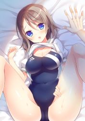 Rule 34 | 10s, 1girl, bad id, bad pixiv id, blue eyes, blue one-piece swimsuit, breasts, brown hair, competition swimsuit, eyebrows, looking at viewer, love live!, love live! sunshine!!, medium breasts, one-piece swimsuit, open mouth, pov, sakura yuzuna, school swimsuit, short hair, solo, sumisaki yuzuna, swimsuit, swimsuit under clothes, thighs, watanabe you